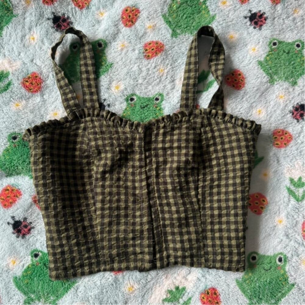 Liberty Love Green Black Gingham Sleeveless Smocked Front Zip Crop Top Small